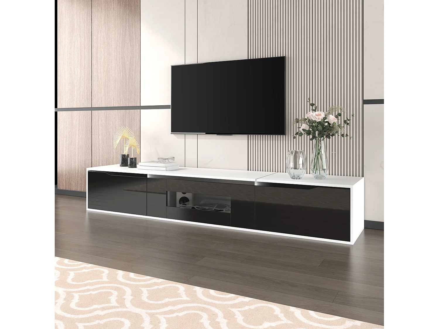 Mueble de TV moderno en blanco y negro con iluminación LED, diseño elegante, 180 x 30 x 35 cm, funcionalidad y elegancia.