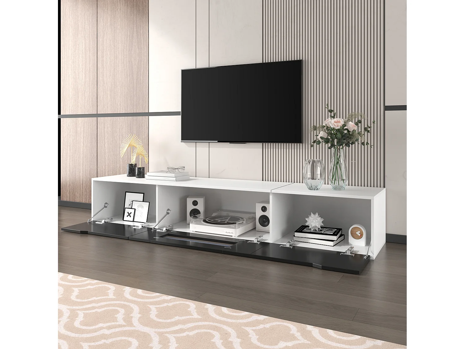 Mueble de TV moderno en blanco y negro con iluminación LED, diseño elegante, 180 x 30 x 35 cm, funcionalidad y elegancia.