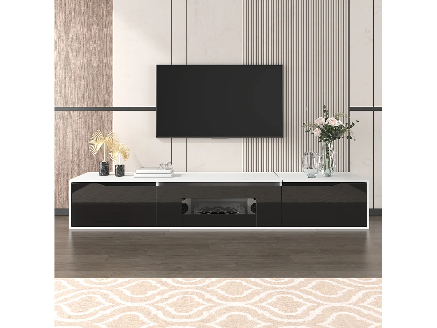 Mueble de TV moderno en blanco y negro con iluminación LED, diseño elegante, 180 x 30 x 35 cm, funcionalidad y elegancia.