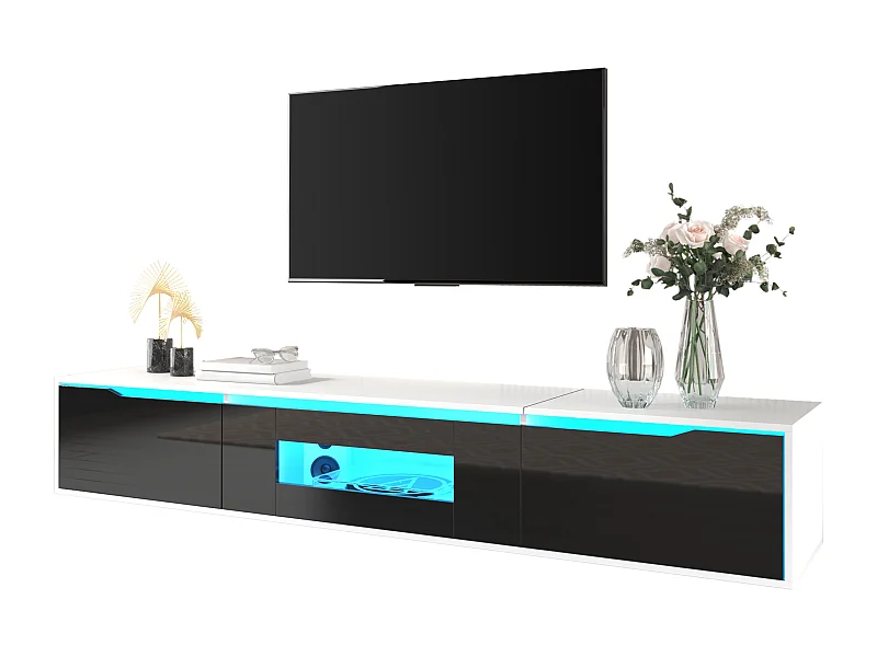 Mueble de TV moderno en blanco y negro con iluminación LED, diseño elegante, 180 x 30 x 35 cm, funcionalidad y elegancia.