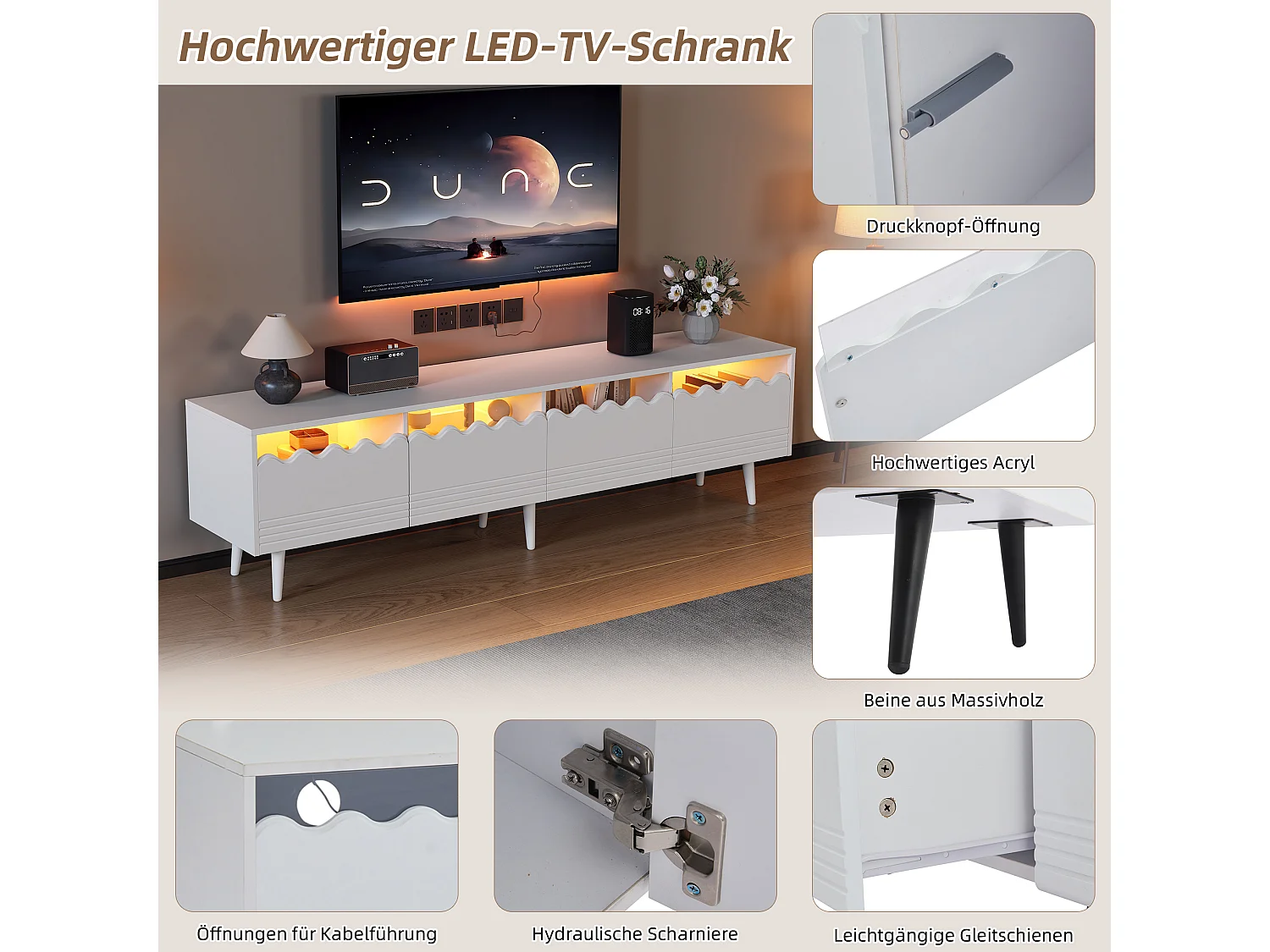 Meuble TV 176cm avec 2 Tiroirs et 2 Armoires, LED, Design Moderne Noir et Blanc, Téléviseur jusqu'à 75 pouces (176x38x45cm)