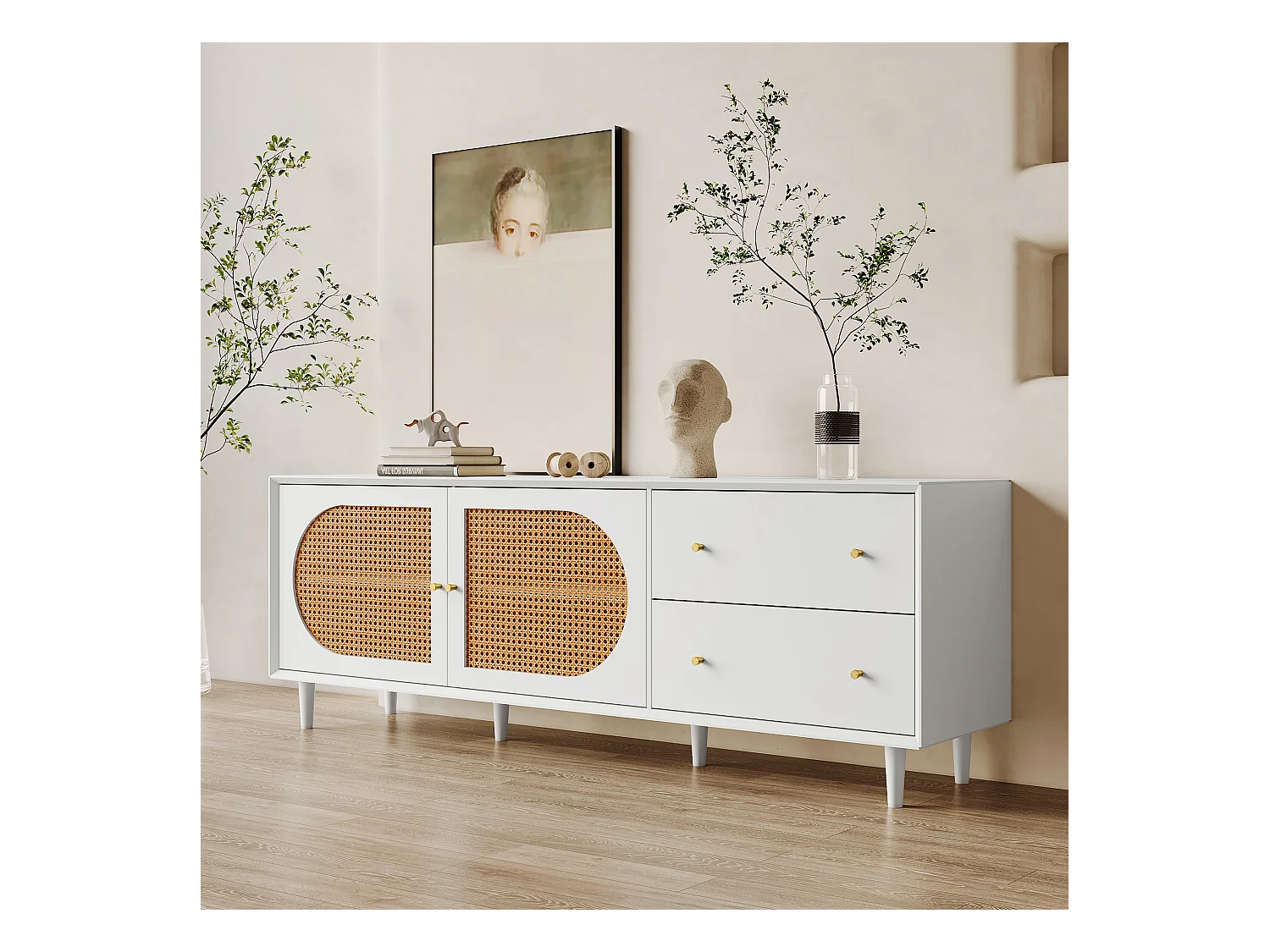 Meuble TV pratique avec portes coulissantes en rotin et tiroirs, 160x40x60cm, bois blanc, 2 tiroirs, 2 portes coulissantes, 4 étagères ajustables