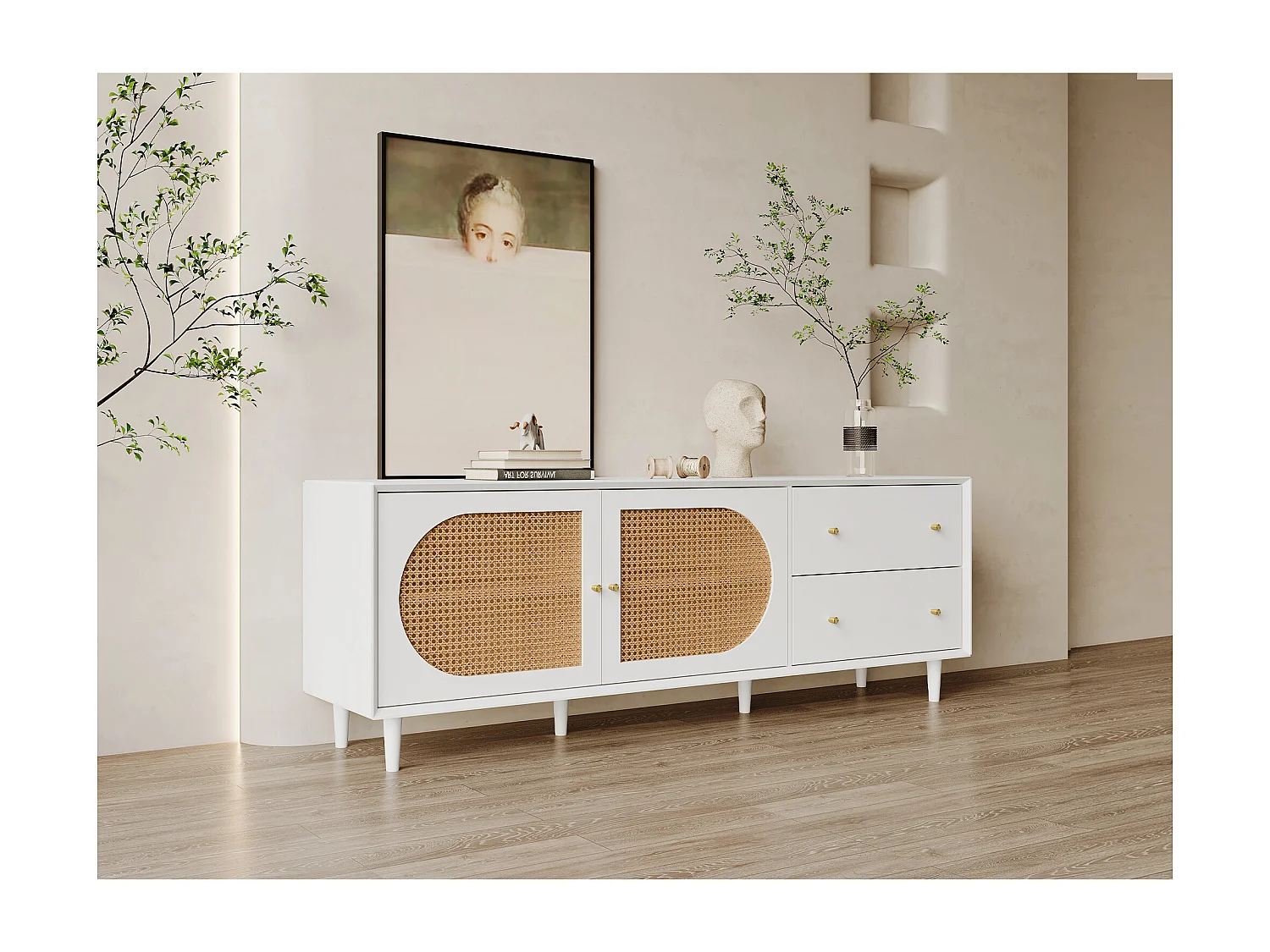 Meuble TV pratique avec portes coulissantes en rotin et tiroirs, 160x40x60cm, bois blanc, 2 tiroirs, 2 portes coulissantes, 4 étagères ajustables