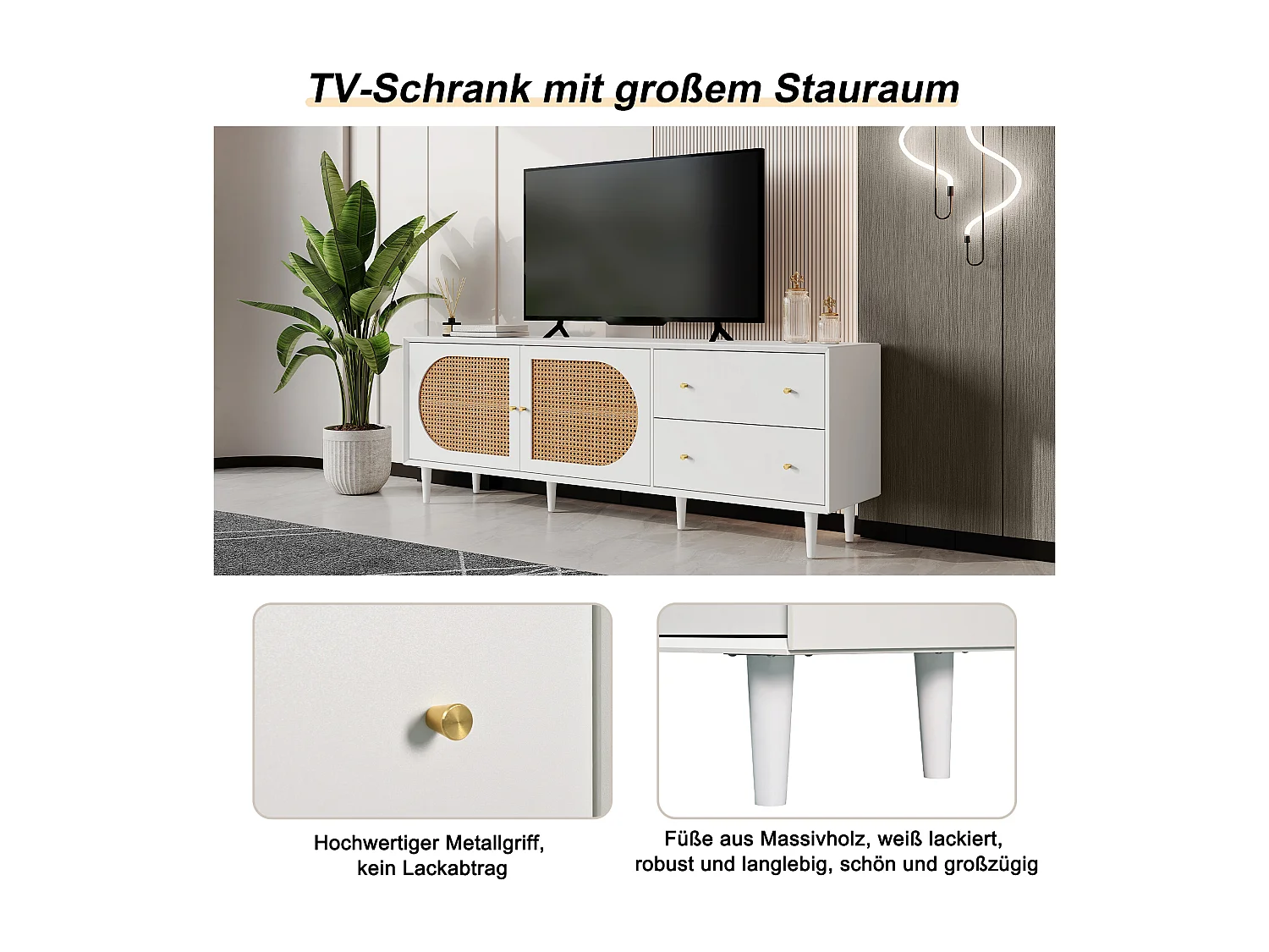 Meuble TV pratique avec portes coulissantes en rotin et tiroirs, 160x40x60cm, bois blanc, 2 tiroirs, 2 portes coulissantes, 4 étagères ajustables