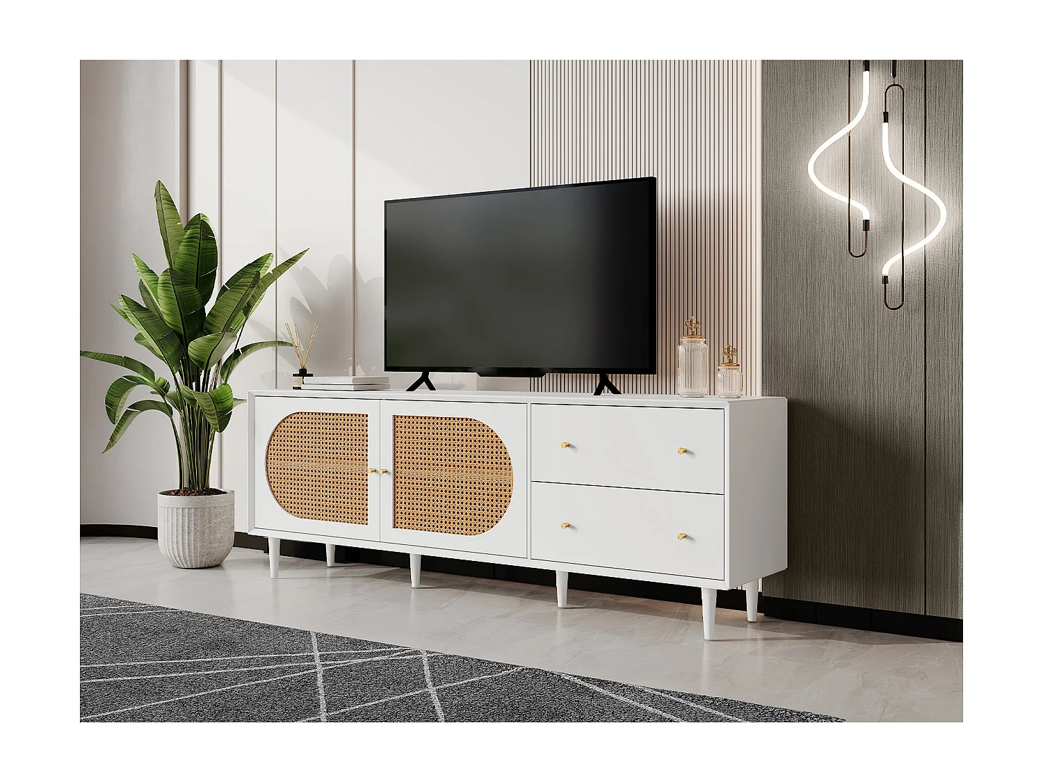 Meuble TV pratique avec portes coulissantes en rotin et tiroirs, 160x40x60cm, bois blanc, 2 tiroirs, 2 portes coulissantes, 4 étagères ajustables