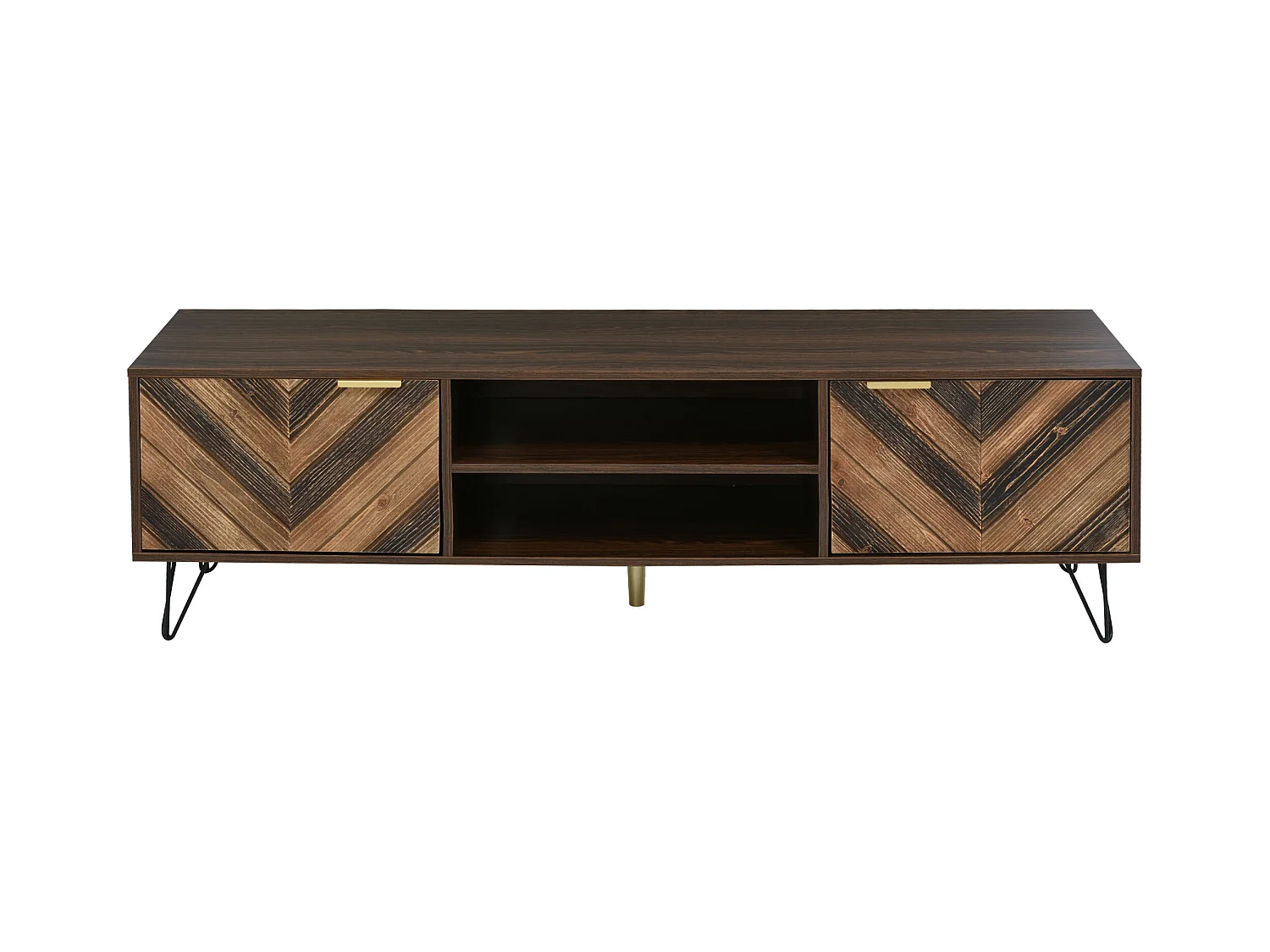 TV-Schränke, Lowboard, Massivholz-Türen, Goldgriffe, Eisenfüße, Stauraum, color madera natural (155x38x48cm)