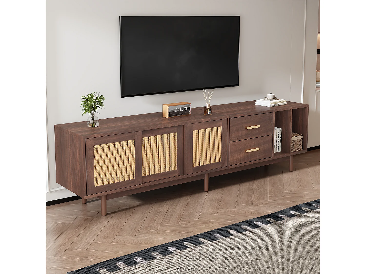 Meuble TV en bois marron avec portes en rotin et tiroirs, support TV pour écran jusqu'à 75 pouces, design avec 6 pieds de soutien, 190x37x52cm