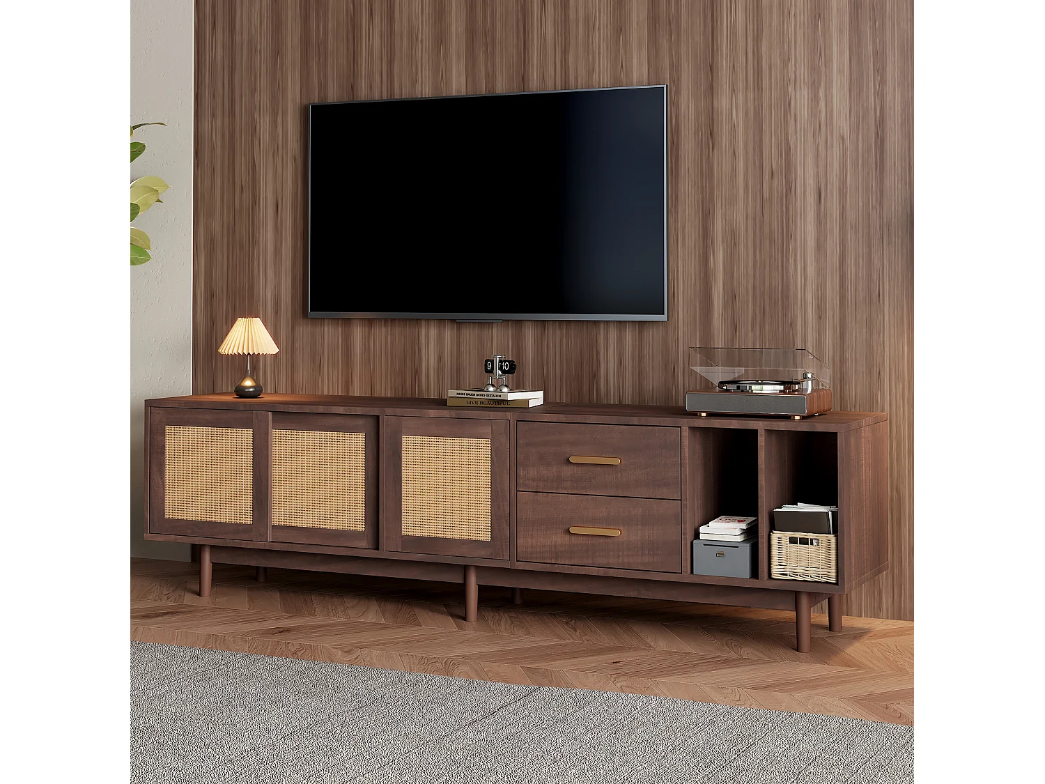 Meuble TV en bois marron avec portes en rotin et tiroirs, support TV pour écran jusqu'à 75 pouces, design avec 6 pieds de soutien, 190x37x52cm
