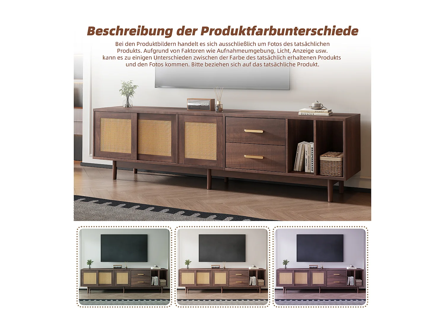 Meuble TV en bois marron avec portes en rotin et tiroirs, support TV pour écran jusqu'à 75 pouces, design avec 6 pieds de soutien, 190x37x52cm