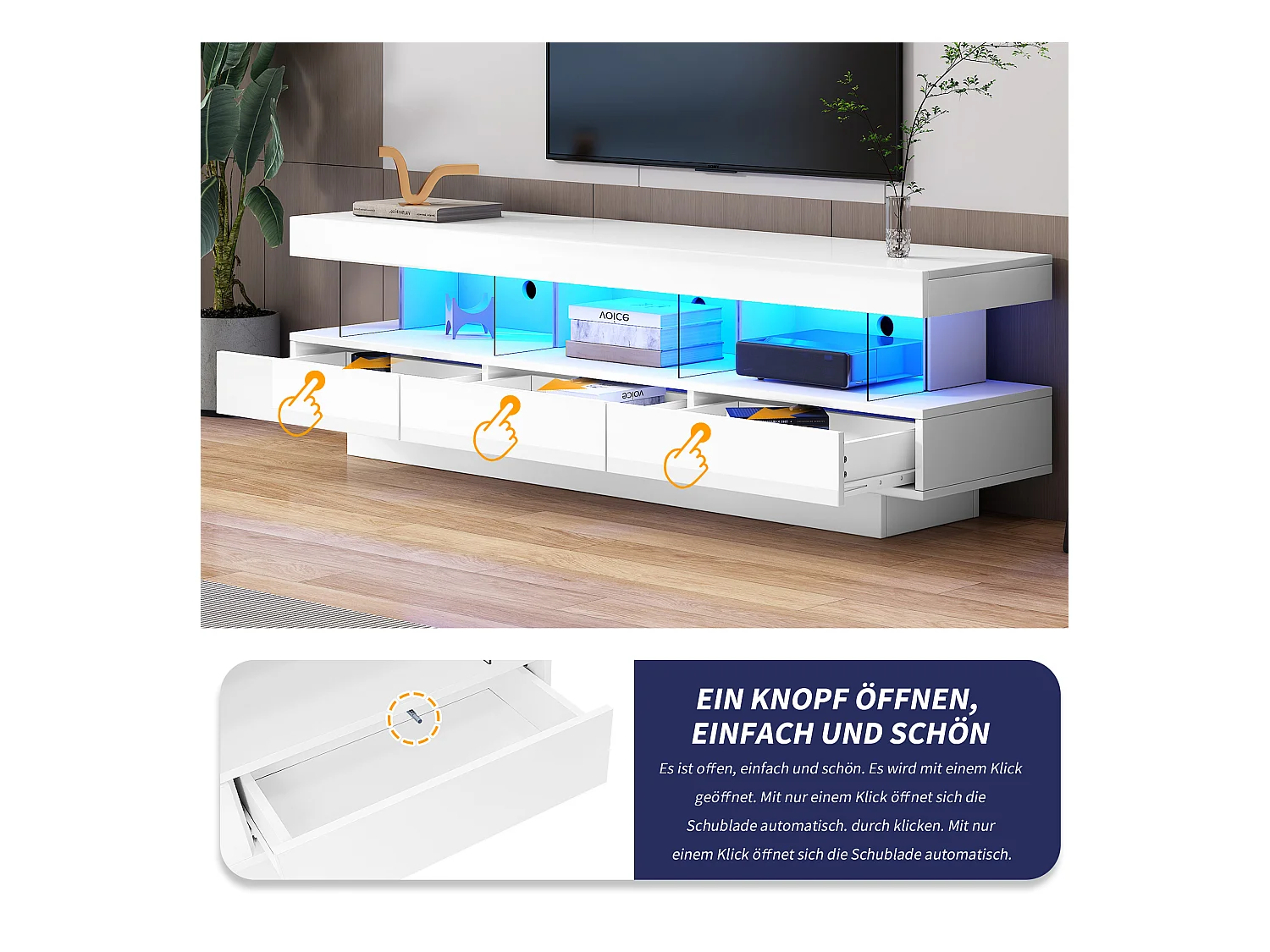 Meuble TV avec 3 étagères en verre, LED, contrôle par application, Bluetooth, pour TV 60-69 pouces, Blanc, 160x38x50.5cm