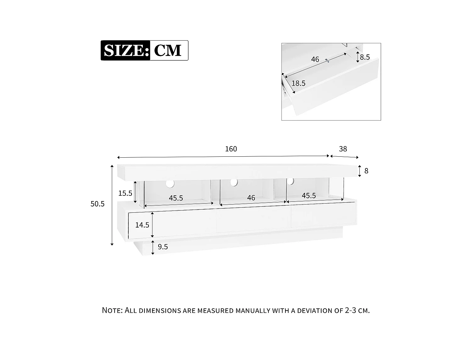 Meuble TV avec 3 étagères en verre, LED, contrôle par application, Bluetooth, pour TV 60-69 pouces, Blanc, 160x38x50.5cm