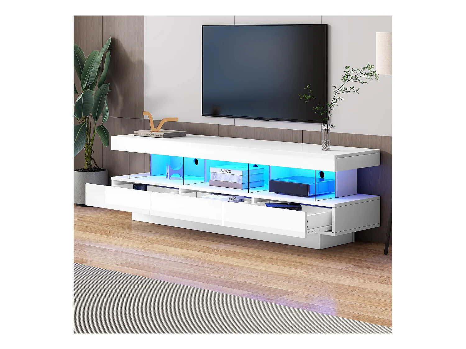 TV-standaard met 3 glazen planken, LED, app-bediening, Bluetooth, voor 60-69 inch tv, wit, 160x38x50,5 cm