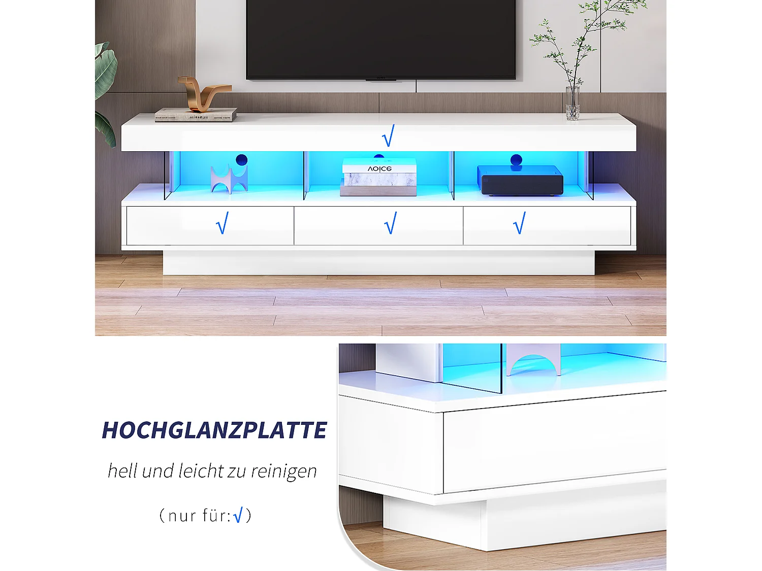 Meuble TV avec 3 étagères en verre, LED, contrôle par application, Bluetooth, pour TV 60-69 pouces, Blanc, 160x38x50.5cm