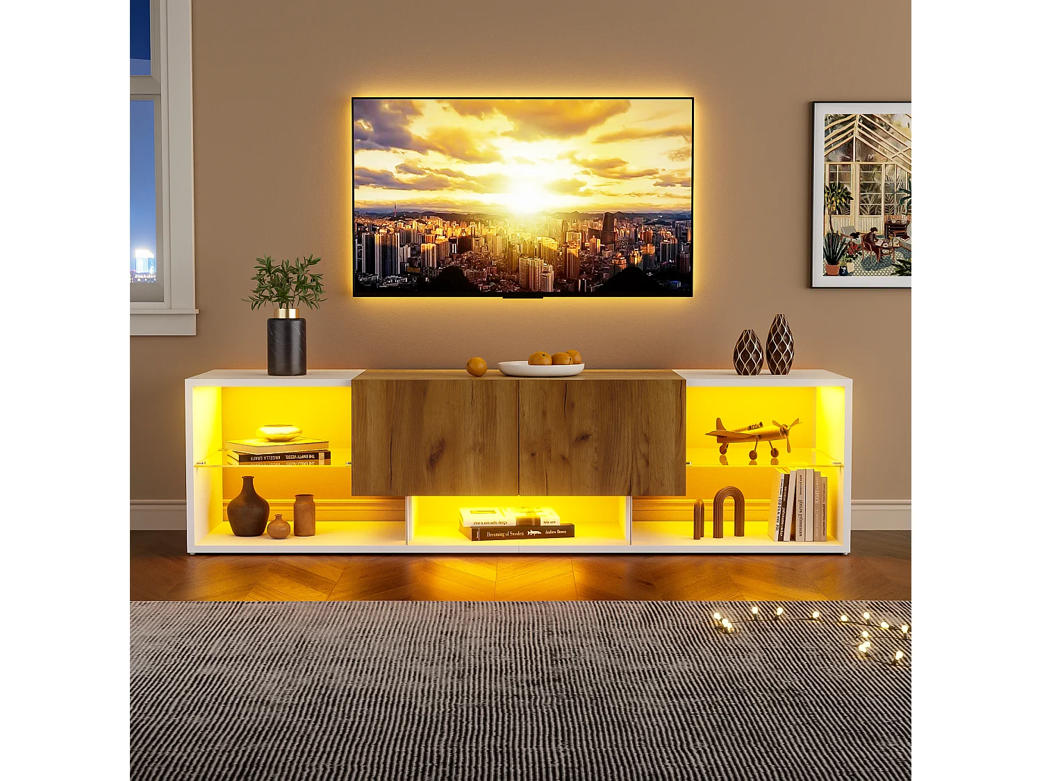 Meuble TV 3 niveaux avec étagères en verre, pour téléviseurs jusqu'à 70 pouces, avec 2 tiroirs, MDF + verre, blanc (160x40x42cm)