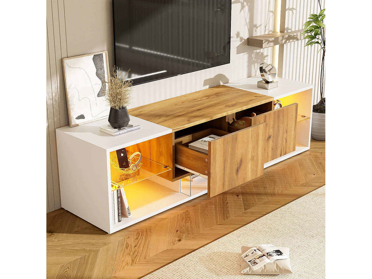 Meuble TV 3 niveaux avec étagères en verre, pour téléviseurs jusqu'à 70 pouces, avec 2 tiroirs, MDF + verre, blanc (160x40x42cm)