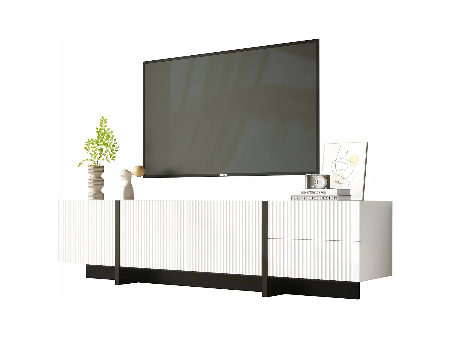 Meuble TV Noir et Blanc, 3 Portes, 2 Tiroirs, Design Moderne, MDF et Panneau de Particules (190x35x45cm)
