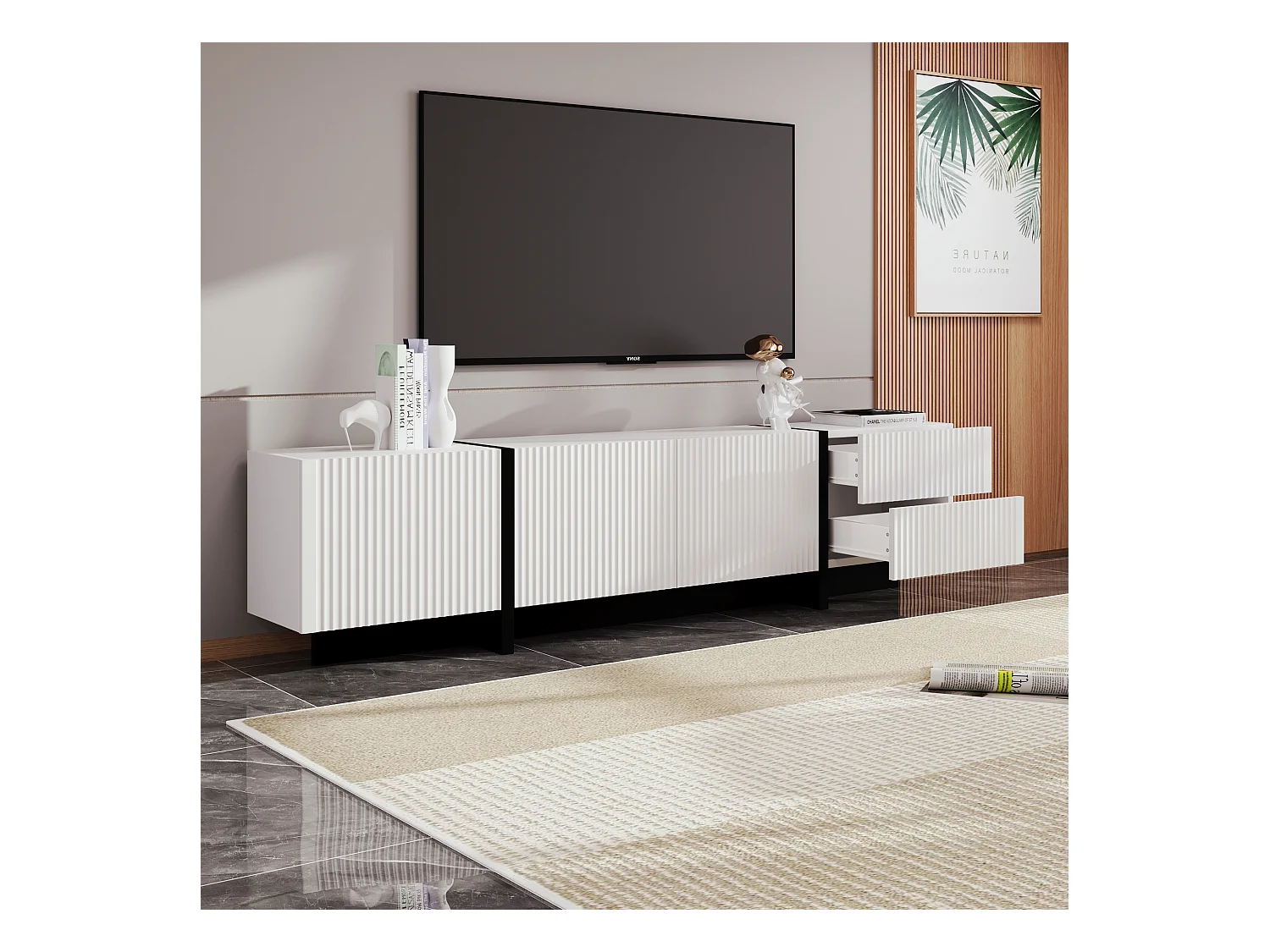 Meuble TV Noir et Blanc, 3 Portes, 2 Tiroirs, Design Moderne, MDF et Panneau de Particules (190x35x45cm)