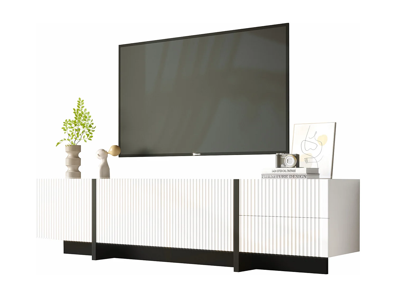 Meuble TV Noir et Blanc, 3 Portes, 2 Tiroirs, Design Moderne, MDF et Panneau de Particules (190x35x45cm)