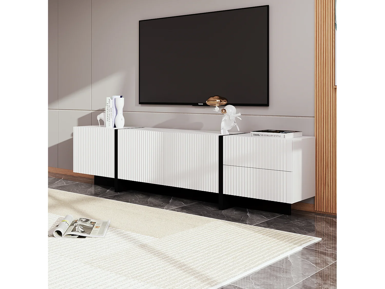 Meuble TV Noir et Blanc, 3 Portes, 2 Tiroirs, Design Moderne, MDF et Panneau de Particules (190x35x45cm)