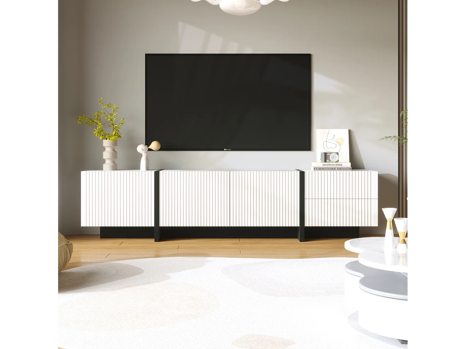 Meuble TV Noir et Blanc, 3 Portes, 2 Tiroirs, Design Moderne, MDF et Panneau de Particules (190x35x45cm)