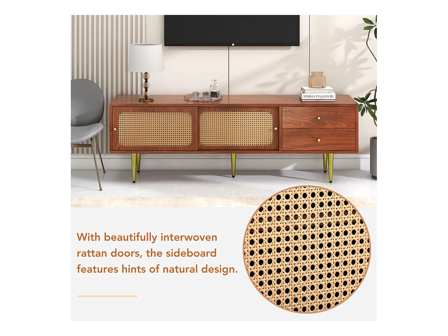 Meuble TV moderne en bois avec portes coulissantes en rotin, 160x40x60cm, 2 tiroirs, 2 portes, rangement pratique