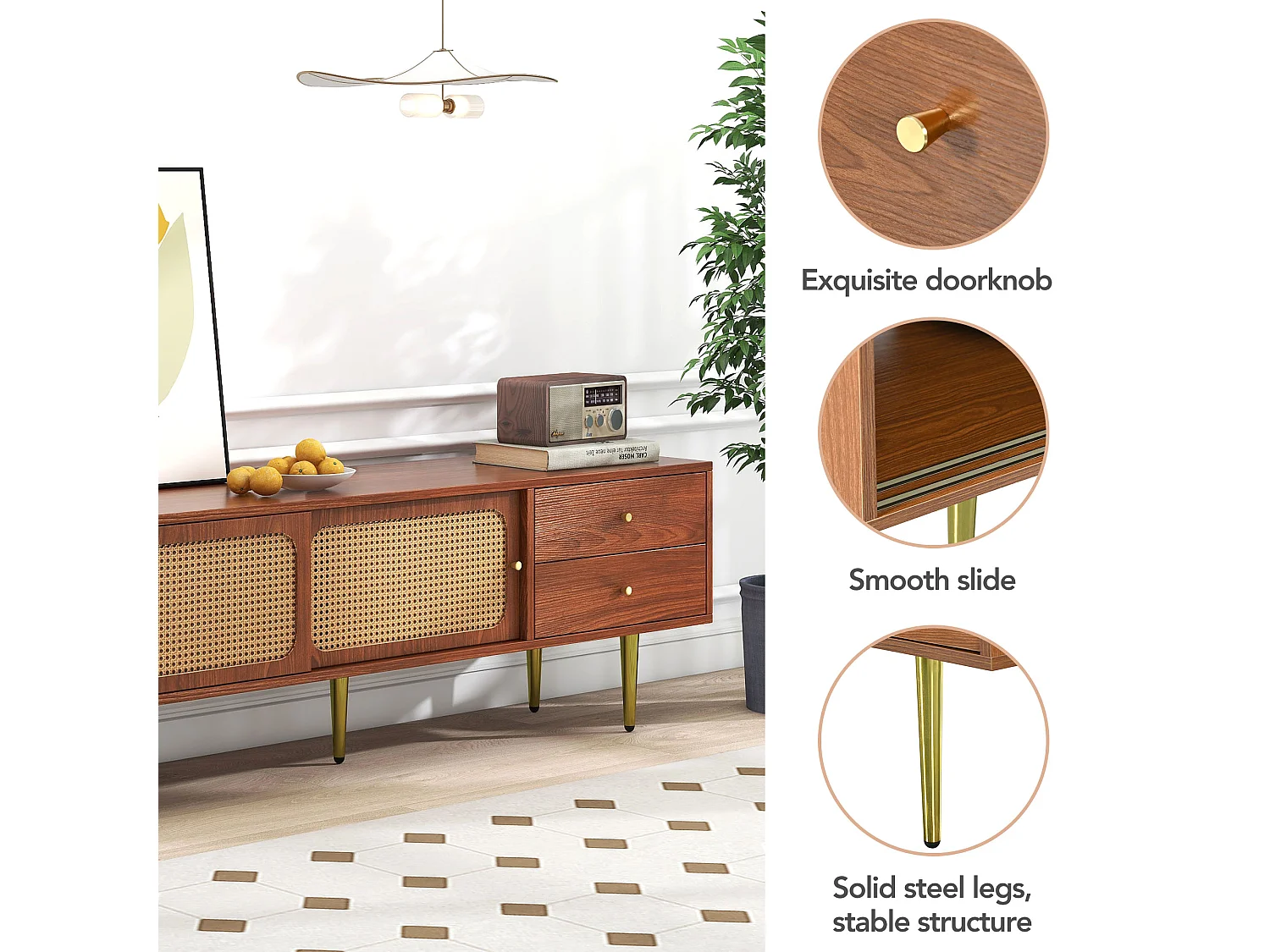 Meuble TV moderne en bois avec portes coulissantes en rotin, 160x40x60cm, 2 tiroirs, 2 portes, rangement pratique