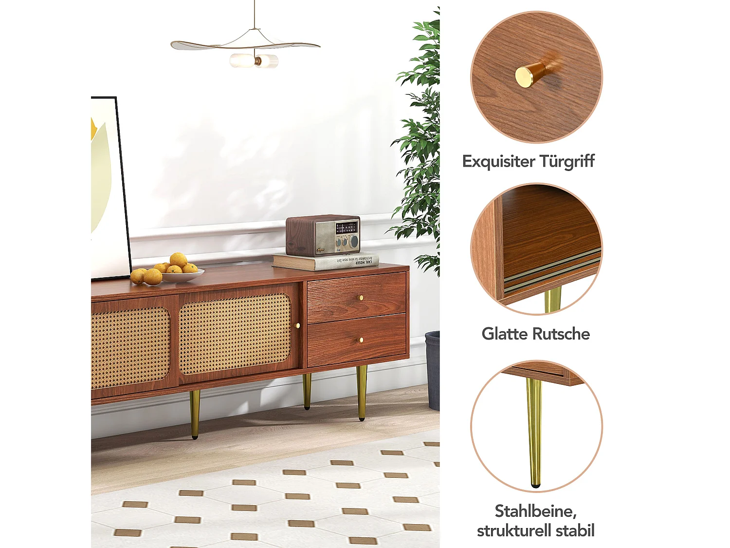 Meuble TV moderne en bois avec portes coulissantes en rotin, 160x40x60cm, 2 tiroirs, 2 portes, rangement pratique