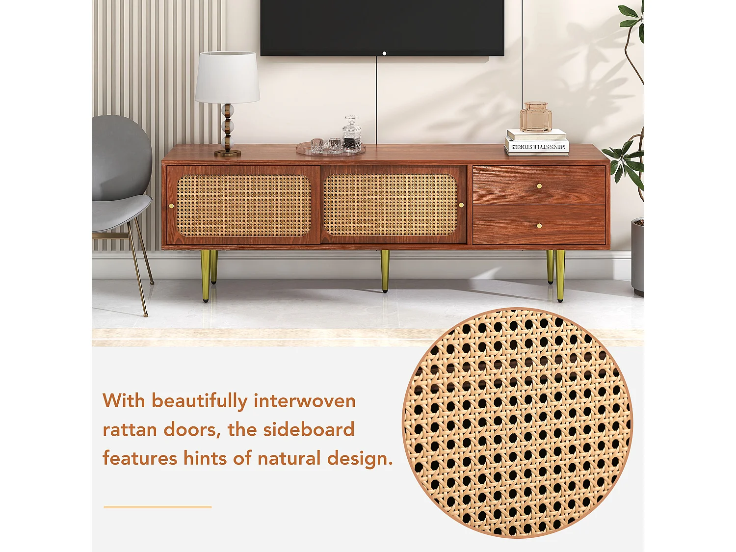 Mueble de TV moderno de madera con puertas correderas de ratán, 160x40x60cm, 2 cajones, 2 puertas, práctico almacenaje.