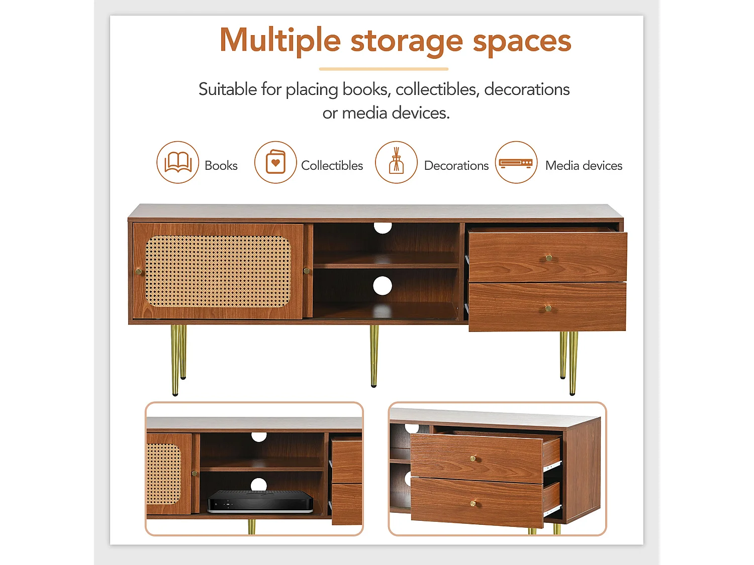 Mueble de TV moderno de madera con puertas correderas de ratán, 160x40x60cm, 2 cajones, 2 puertas, práctico almacenaje.