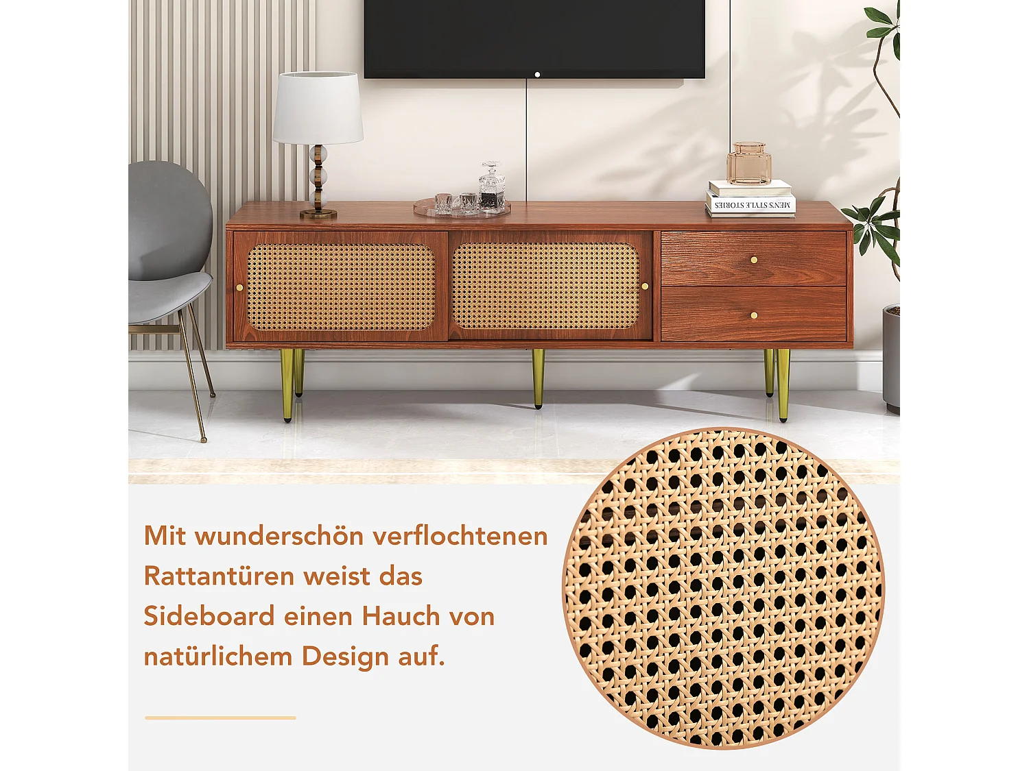 Mueble de TV moderno de madera con puertas correderas de ratán, 160x40x60cm, 2 cajones, 2 puertas, práctico almacenaje.