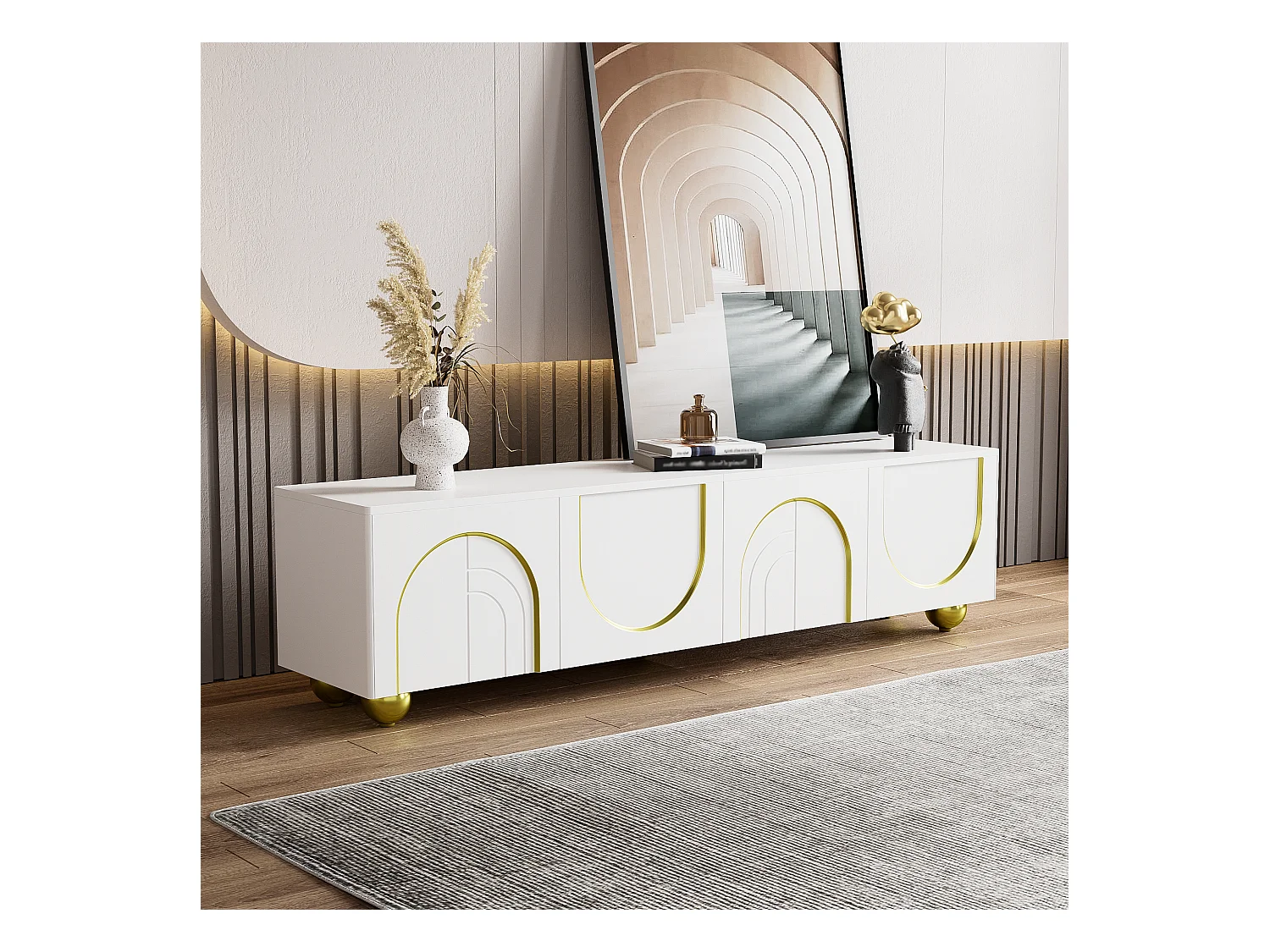 Meuble TV élégant avec décorations dorées, 2 portes et tiroirs, structure en MDF, blanc et or, pour TV jusqu'à 70 pouces (170x40x50 cm)