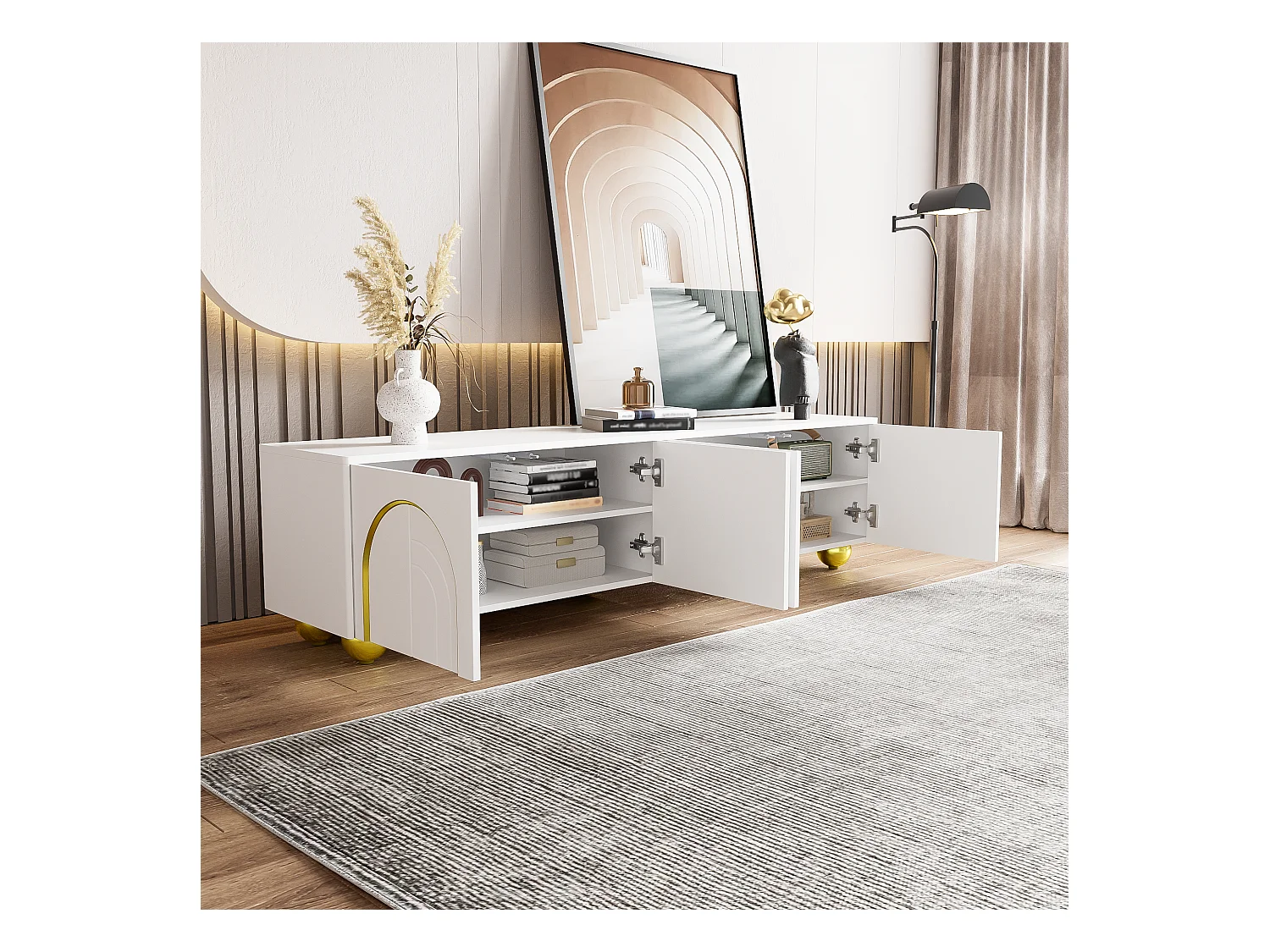 Meuble TV élégant avec décorations dorées, 2 portes et tiroirs, structure en MDF, blanc et or, pour TV jusqu'à 70 pouces (170x40x50 cm)