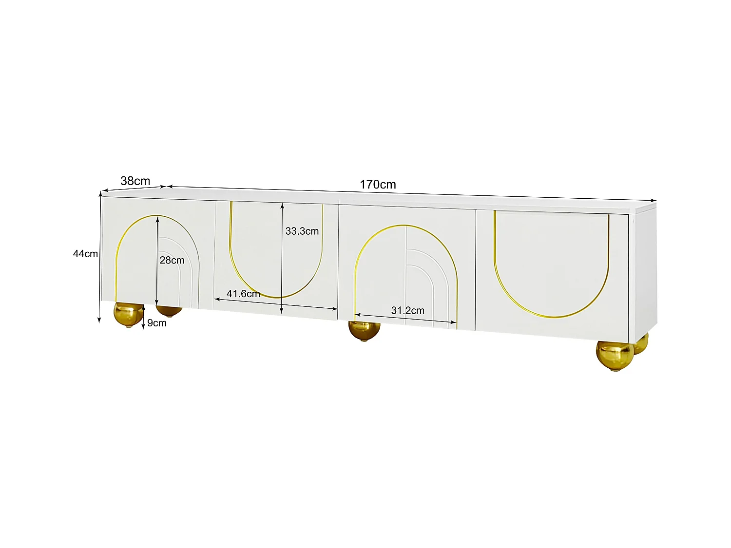 Meuble TV élégant avec décorations dorées, 2 portes et tiroirs, structure en MDF, blanc et or, pour TV jusqu'à 70 pouces (170x40x50 cm)