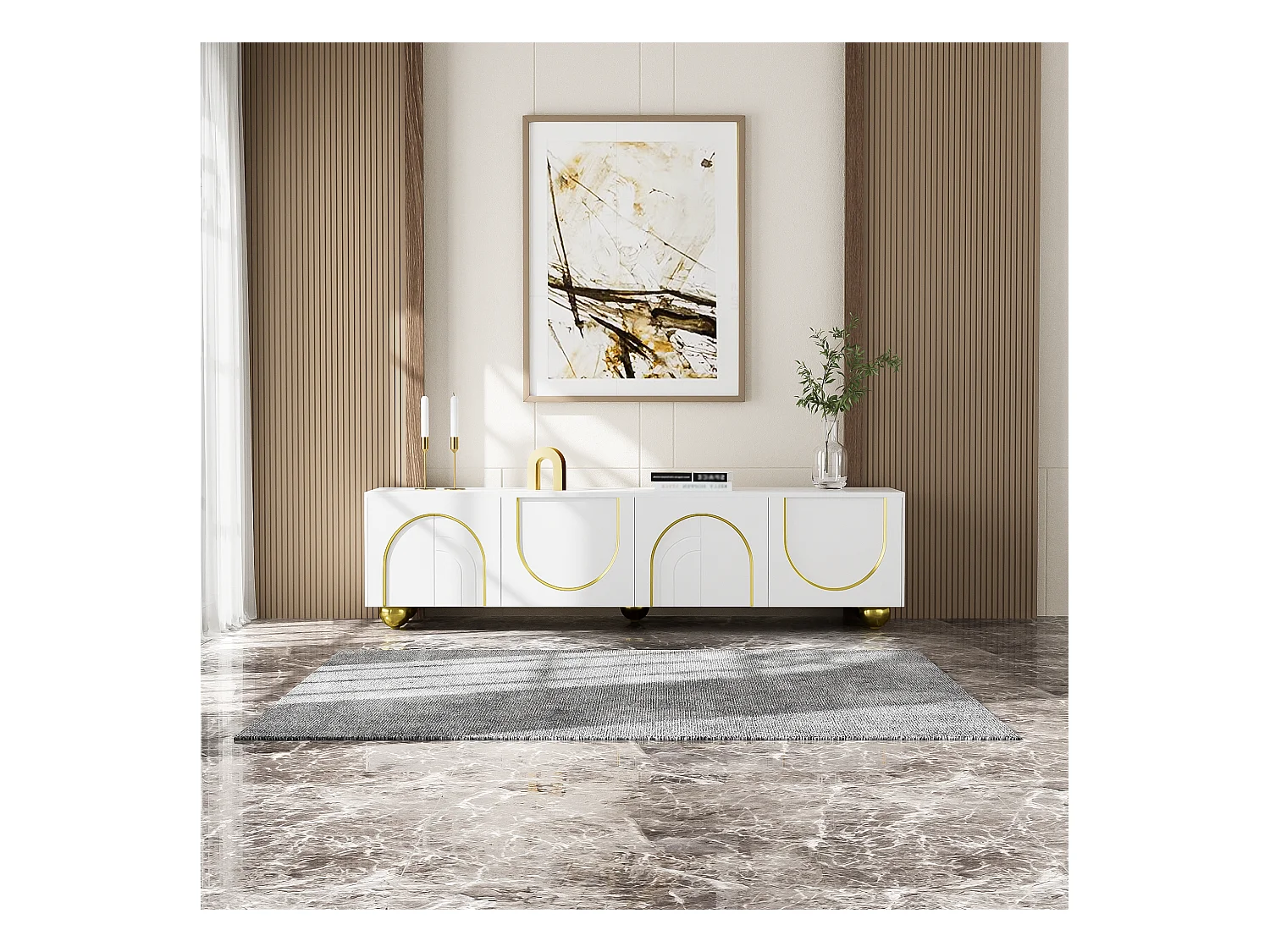 Meuble TV élégant avec décorations dorées, 2 portes et tiroirs, structure en MDF, blanc et or, pour TV jusqu'à 70 pouces (170x40x50 cm)