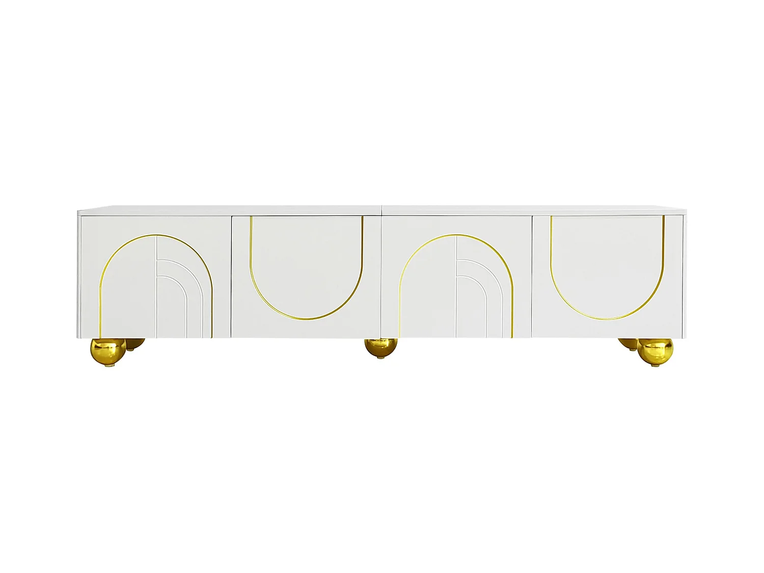 Meuble TV élégant avec décorations dorées, 2 portes et tiroirs, structure en MDF, blanc et or, pour TV jusqu'à 70 pouces (170x40x50 cm)