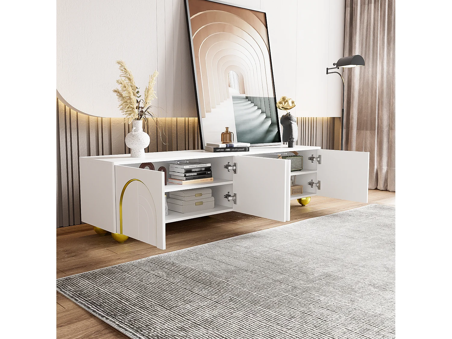 Elegante tv-kast met gouden versieringen, 2 deuren en laden, MDF-structuur, wit en goud, voor tv's tot 70 inch (170x40x50 cm)