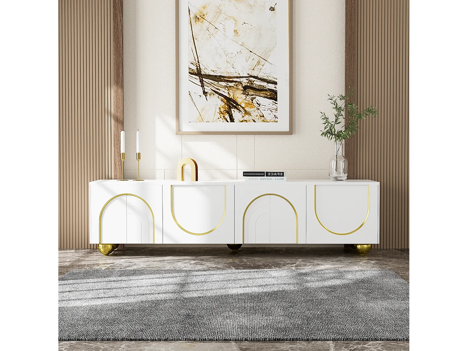 Elegante tv-kast met gouden versieringen, 2 deuren en laden, MDF-structuur, wit en goud, voor tv's tot 70 inch (170x40x50 cm)