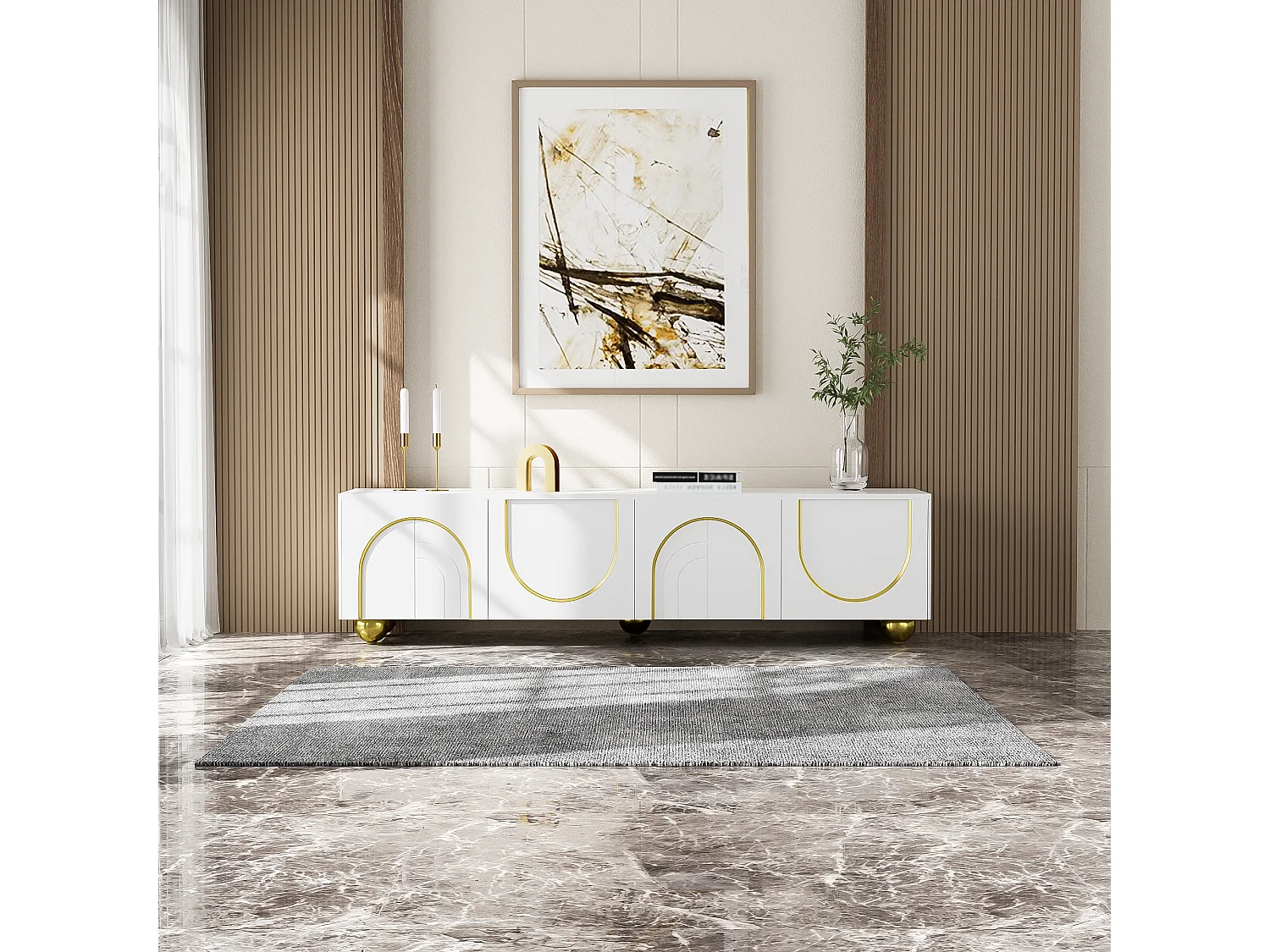 Elegante tv-kast met gouden versieringen, 2 deuren en laden, MDF-structuur, wit en goud, voor tv's tot 70 inch (170x40x50 cm)