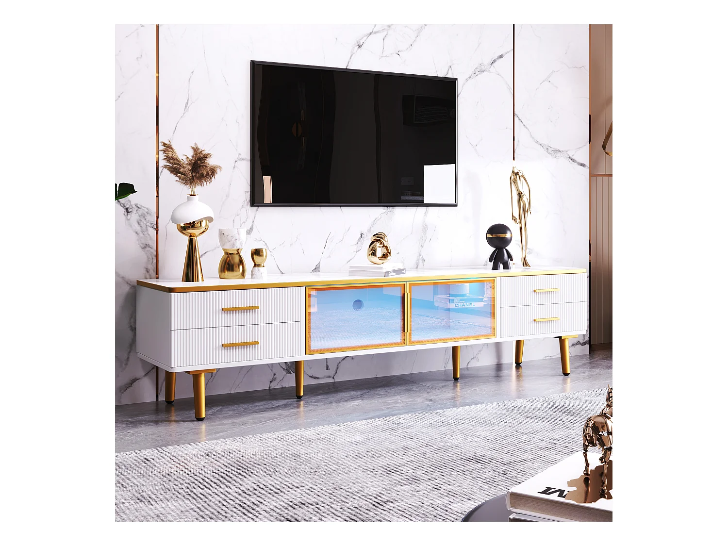 Meuble TV avec portes en verre trempé, design moderne, cadre en aluminium, MDF, blanc et doré (170x37x47.5cm)