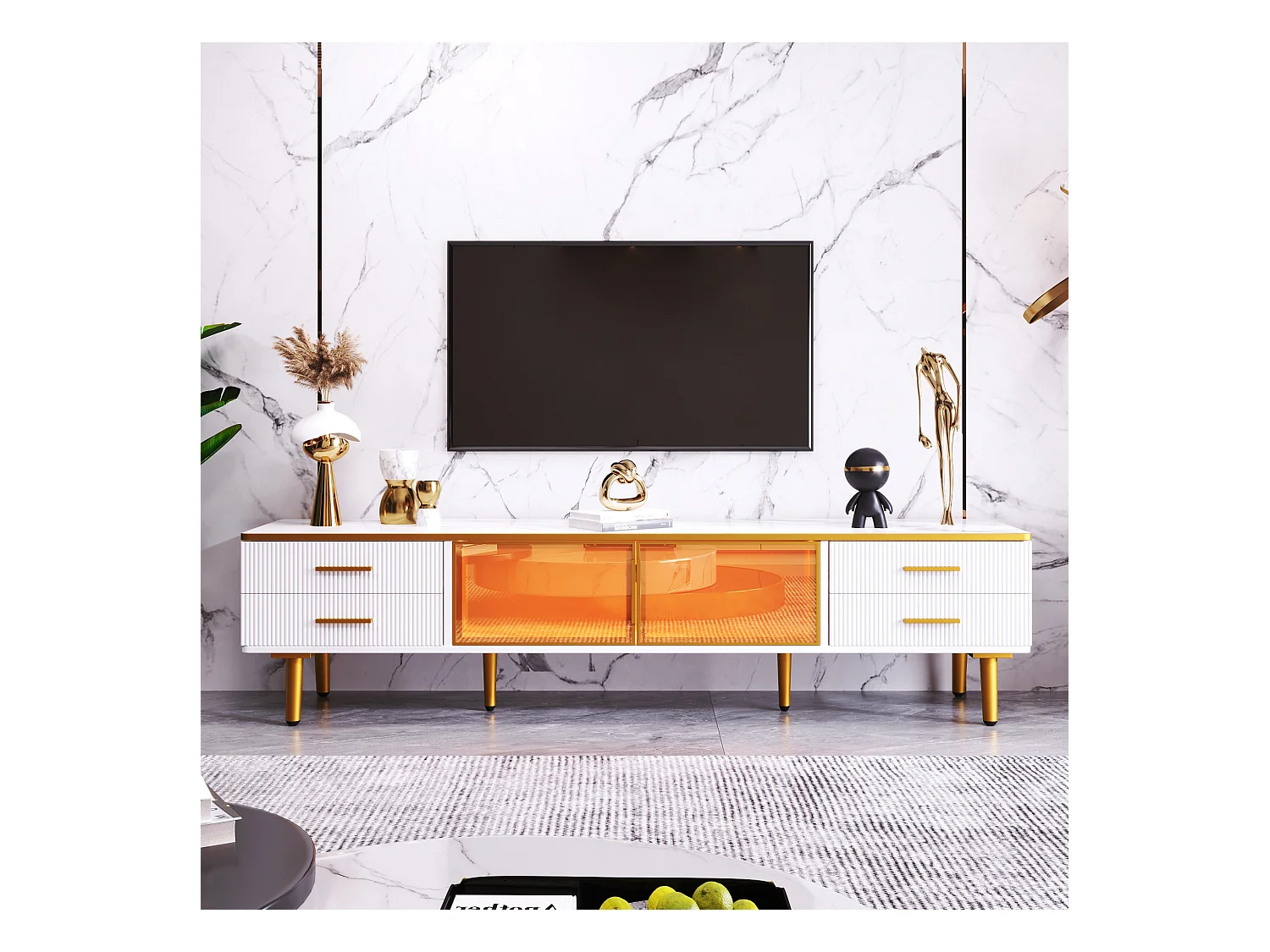 Meuble TV avec portes en verre trempé, design moderne, cadre en aluminium, MDF, blanc et doré (170x37x47.5cm)
