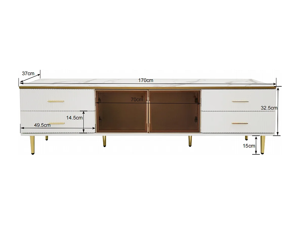 Meuble TV avec portes en verre trempé, design moderne, cadre en aluminium, MDF, blanc et doré (170x37x47.5cm)