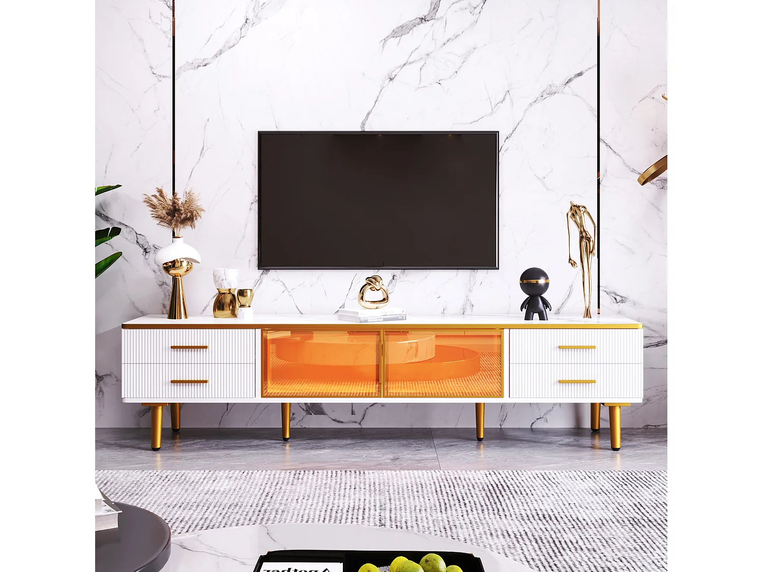 Meuble TV avec portes en verre trempé, design moderne, cadre en aluminium, MDF, blanc et doré (170x37x47.5cm)