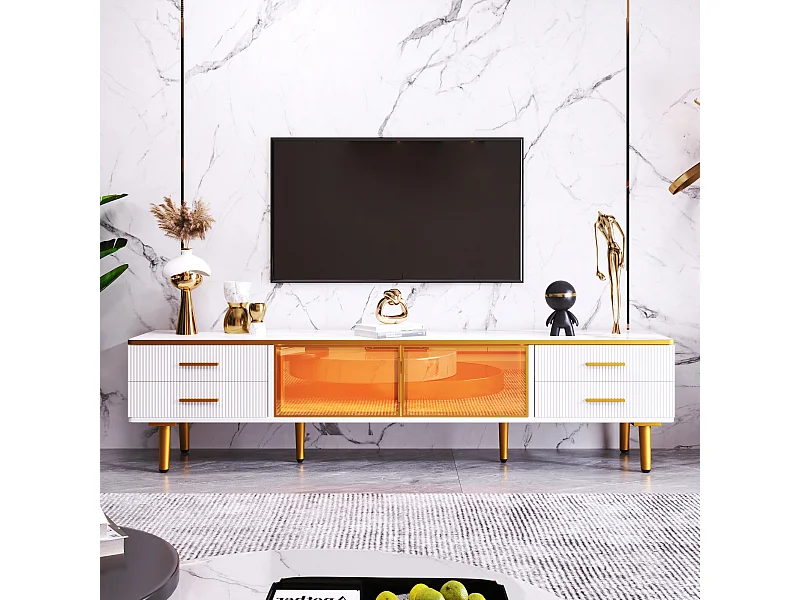 TV-meubel met gehard glazen deuren, modern design, aluminium frame, MDF, wit en goud (170x37x47,5cm)