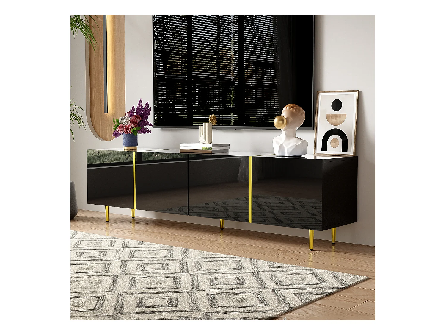 Meuble TV noir haut brillant à 4 portes, design moderne, MDF, noir et or, 170x35x46cm