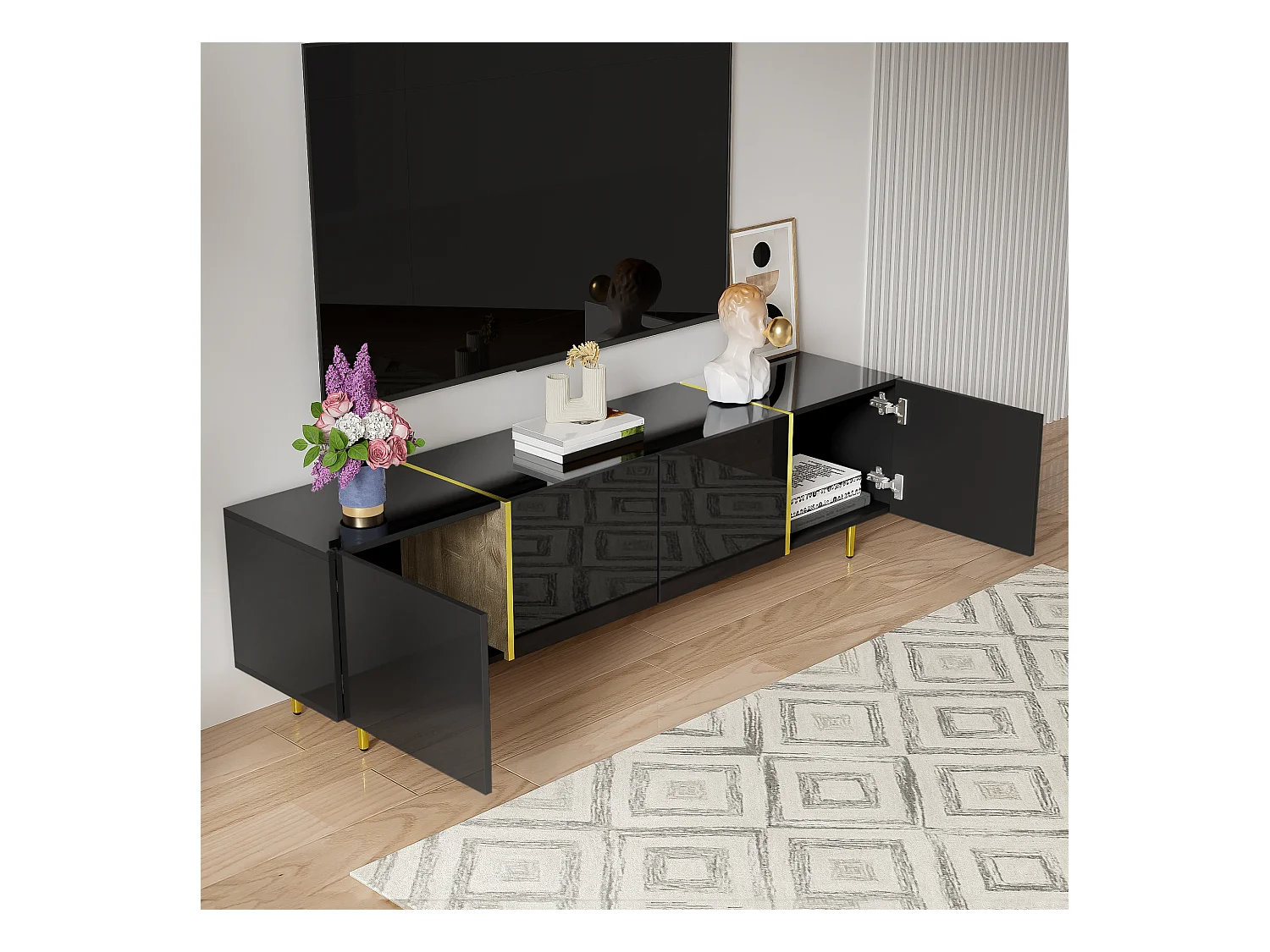 Meuble TV noir haut brillant à 4 portes, design moderne, MDF, noir et or, 170x35x46cm