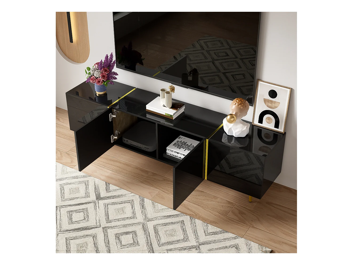 Meuble TV noir haut brillant à 4 portes, design moderne, MDF, noir et or, 170x35x46cm