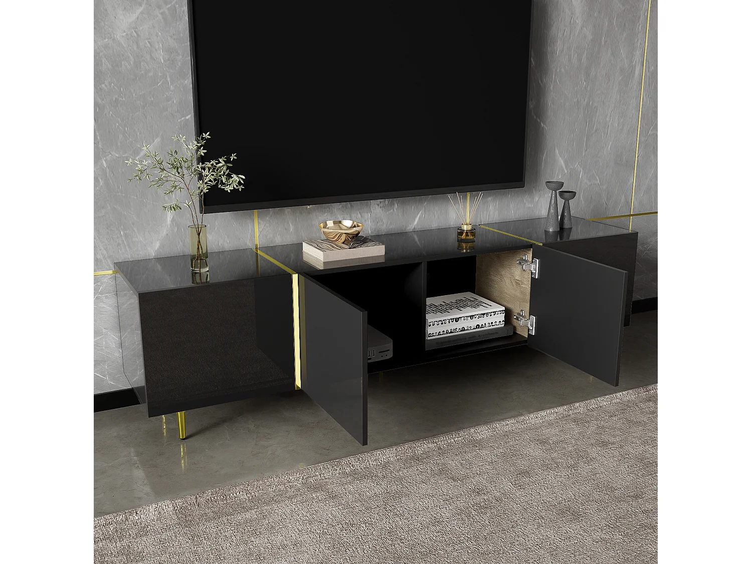 Meuble TV noir haut brillant à 4 portes, design moderne, MDF, noir et or, 170x35x46cm