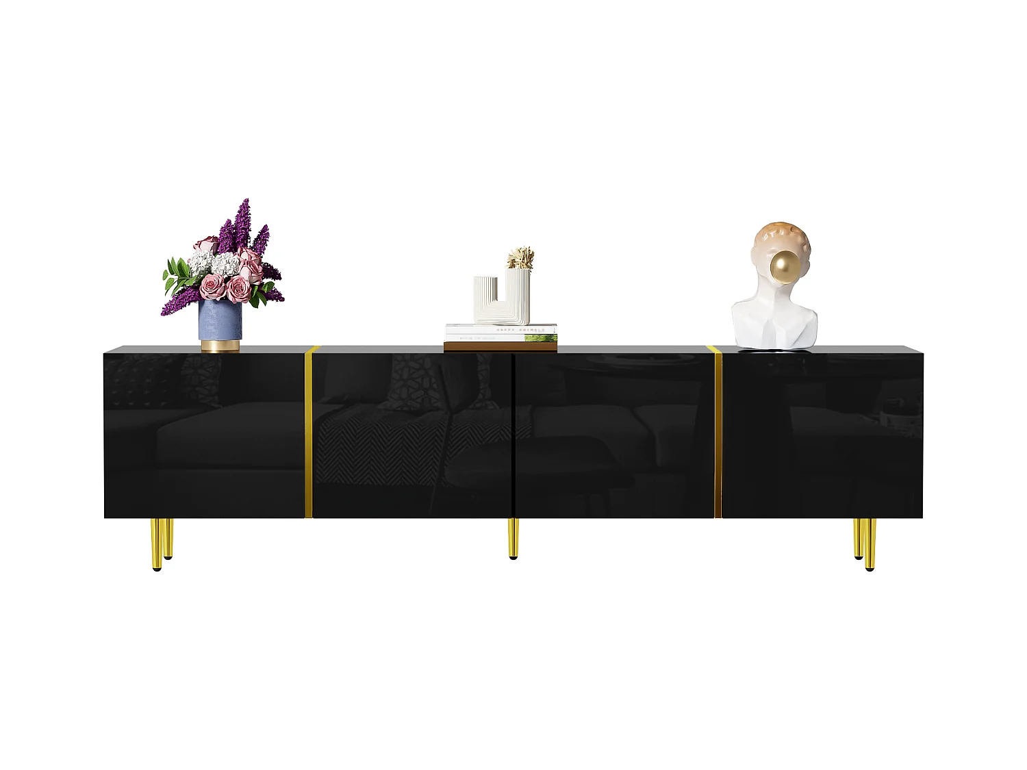 Meuble TV noir haut brillant à 4 portes, design moderne, MDF, noir et or, 170x35x46cm