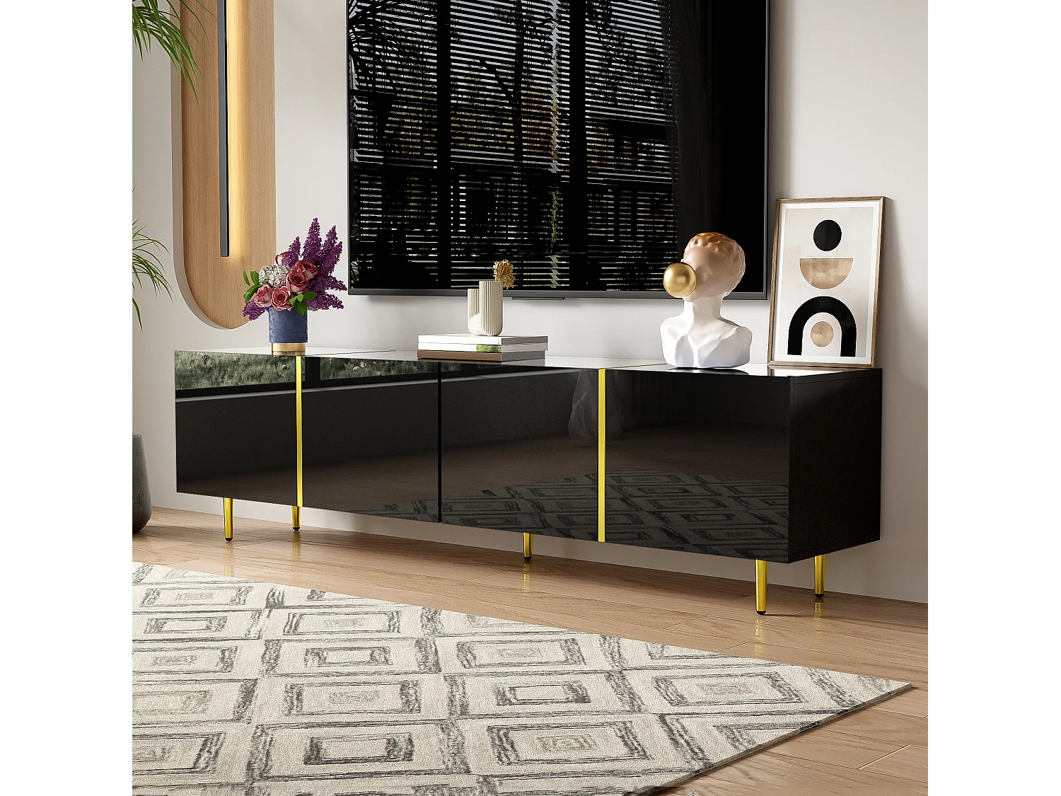 Meuble TV noir haut brillant à 4 portes, design moderne, MDF, noir et or, 170x35x46cm