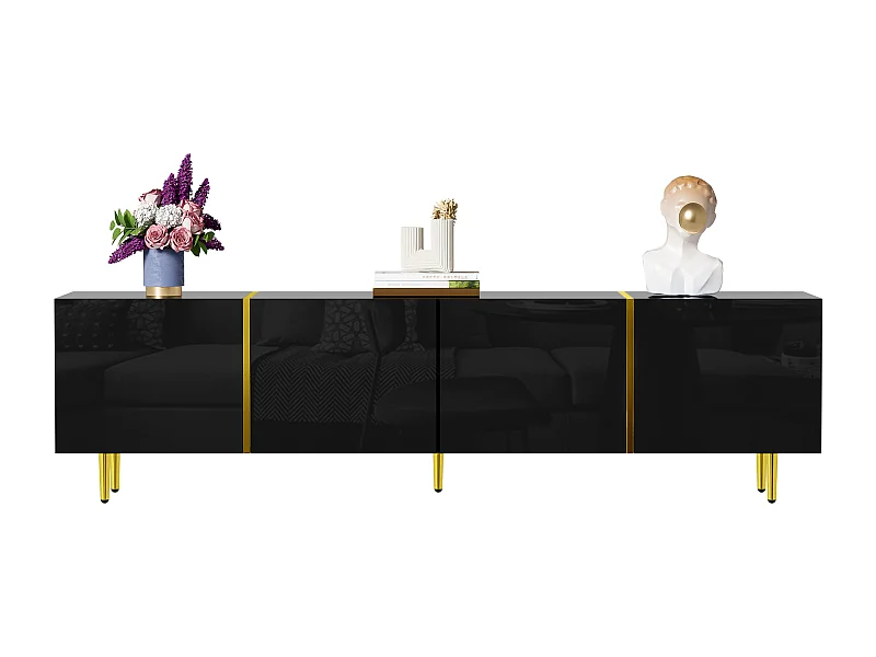 Hoogglans zwarte tv-kast met 4 deuren, modern design, MDF, zwart en goud, 170x35x46cm